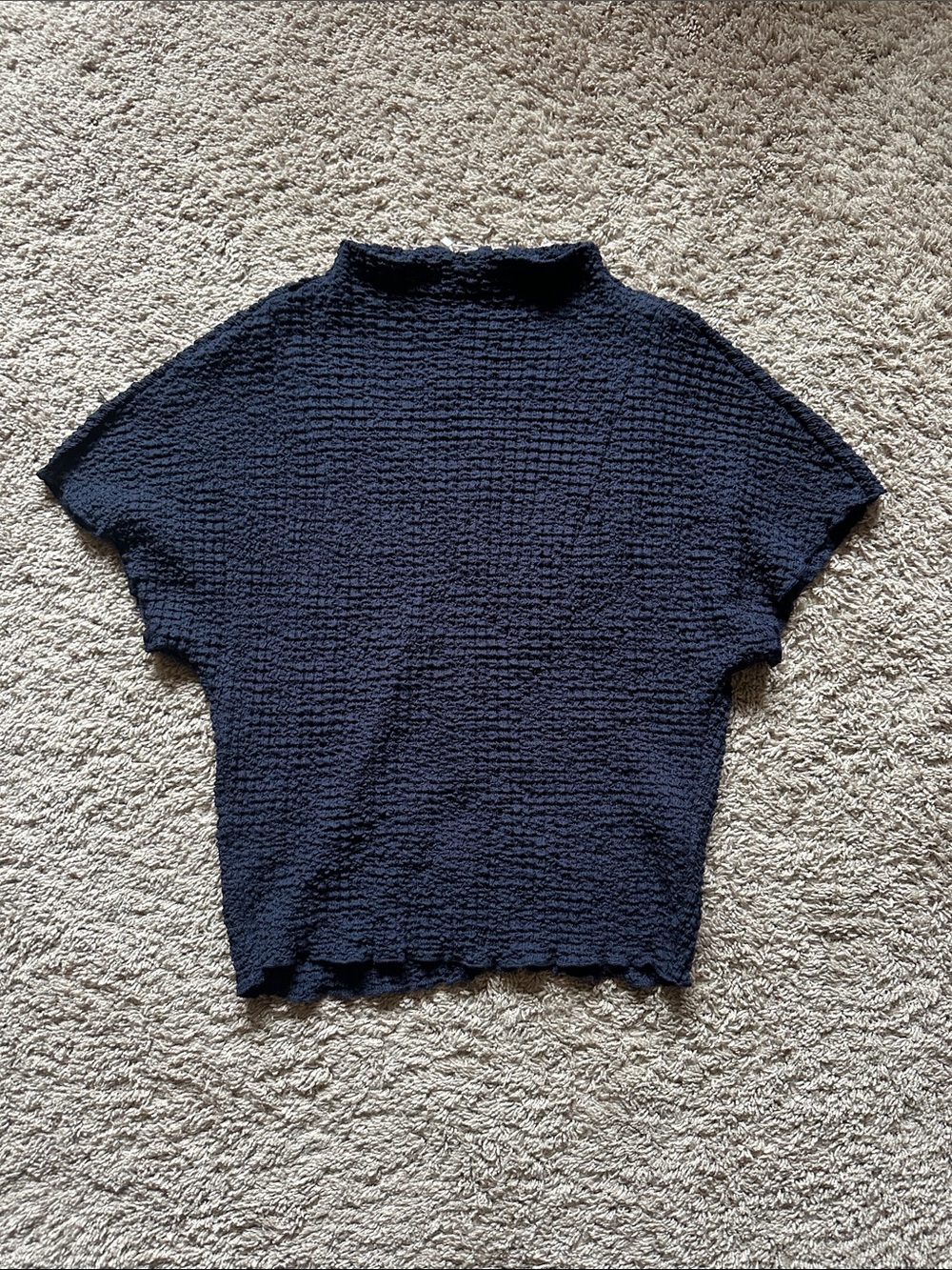 Zara Navy Textured Short-Sleeve Mock Neck Top